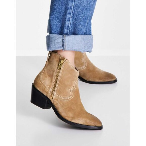 NWT All Saints carlotta suede heeled side zip ankle boots in sand - Picture 1 of 16